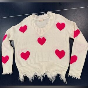 Altar'd State Cream V-Neck Sweater with Pink Hearts